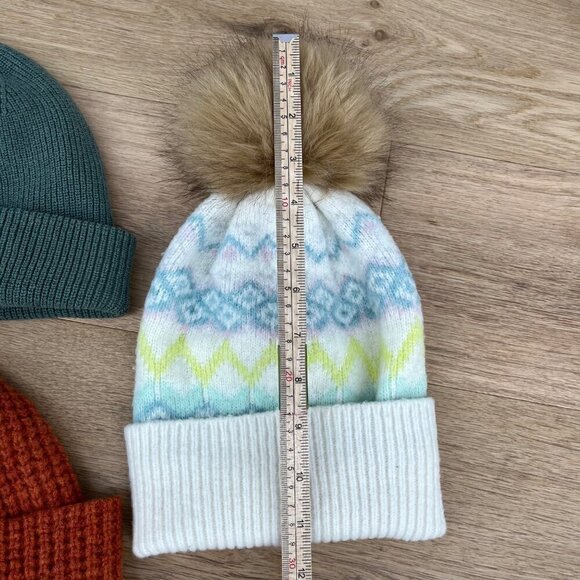 Madewell J Crew Loft Wool Blend Hat Beanie Lot of 3 Orange Green Cream Big Pom - Picture 3 of 13